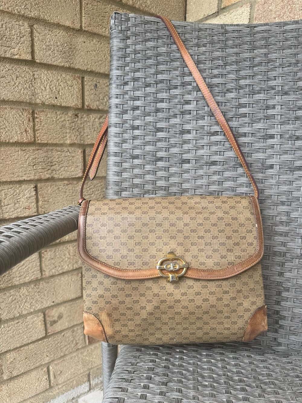 Vintage Gucci GG Monogram Canvas Crossbody Bag Brown Leather Horsebit Closure
